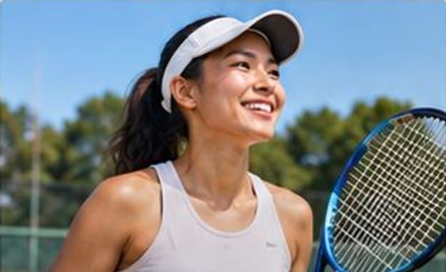 Pemain tenis tersenyum di lapangan